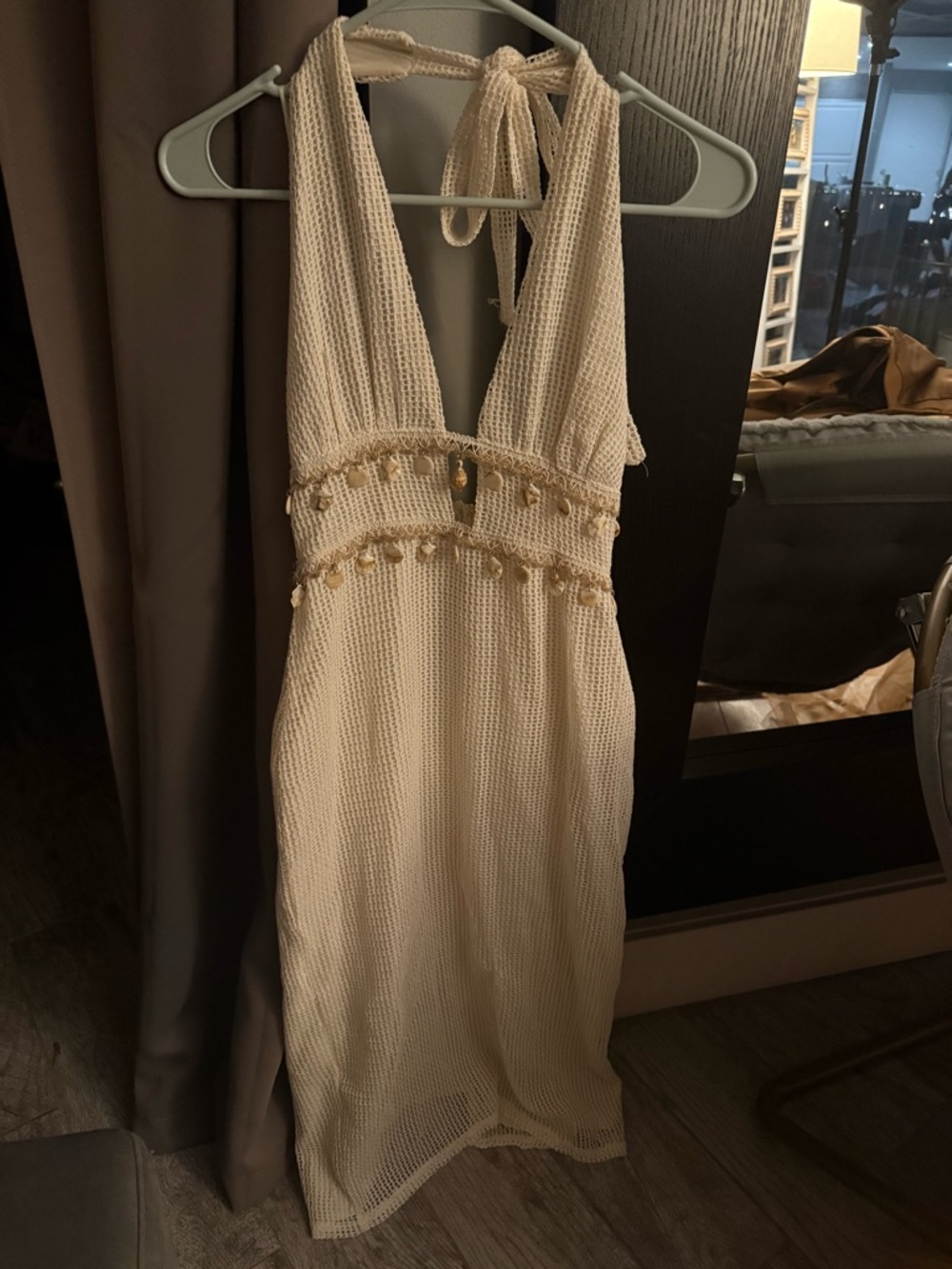12th Tribe Cream Crochet Halter Midi Dress with Tassel Trim